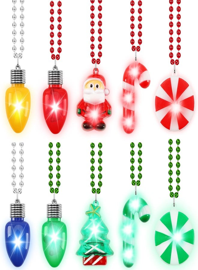 JULBEAR 10pcs Christmas LED Light Up Necklace, Christmas Bead Necklace Bulb Pendant 6 Modes Christmas Necklaces Candy Cane Xmas Tree Santa Claus Glow Necklaces Girls Boys for Xmas New Year Party - Image 1